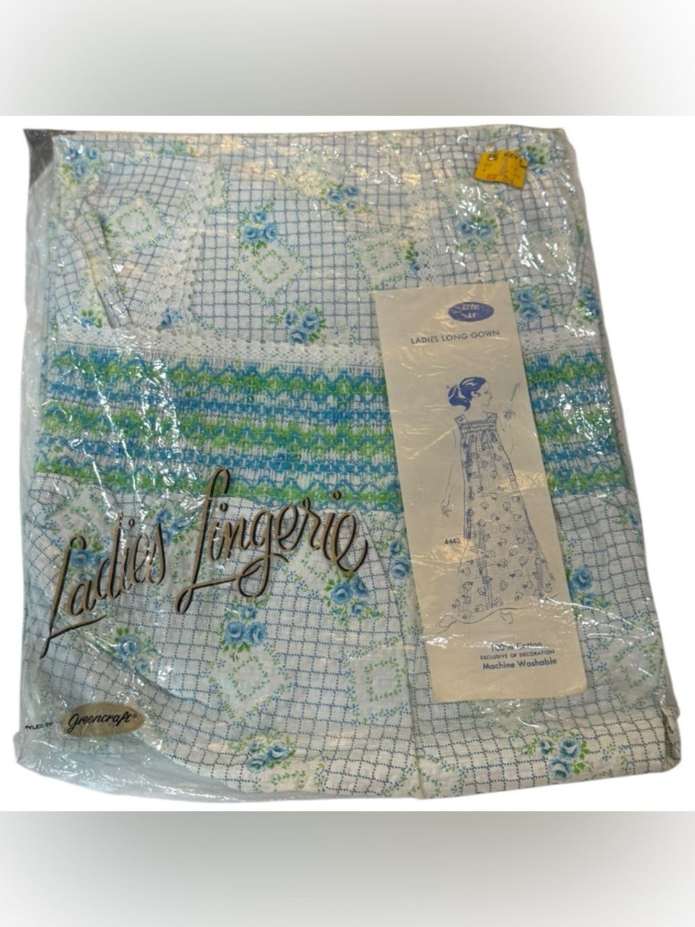 Vtg Greencraft Blue Floral Nightgown Cottagecore Smocked Cotton Size L XL NOS